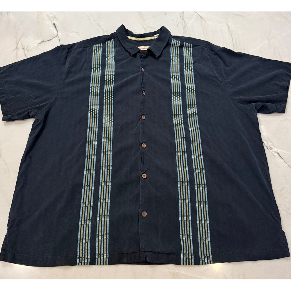 Title: Tommy Bahama Mens 3XB 100% Silk Short Sleeve Camp Shirt Black Embroidered